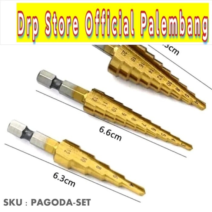 3 Pcs Mata Bor Pagoda Piramid Step Drill Solid Universal HSS Kuningan