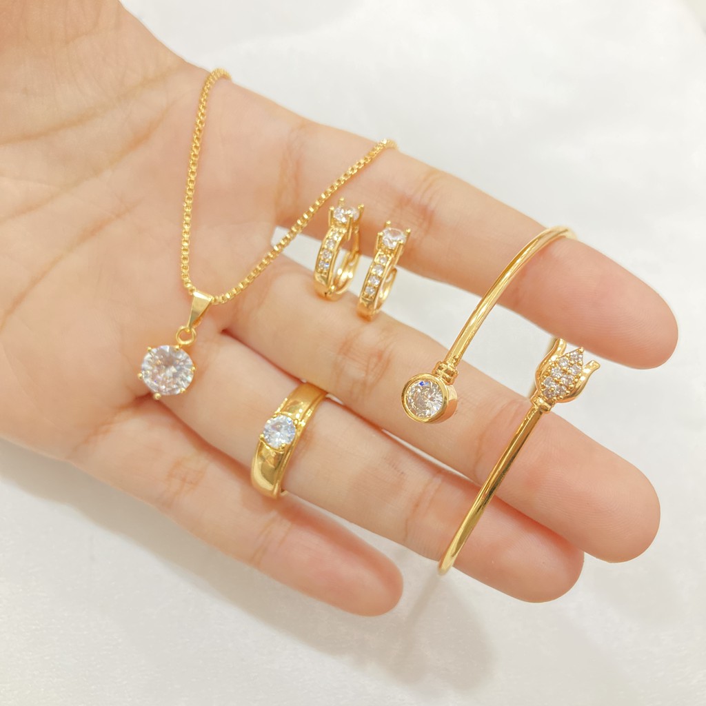 Set Perhiasan Mata Satu Kalung Anting Gelang Cincin Lapis Emas Fashion