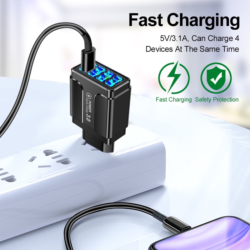 Adapter Charger Dinding 4 Port USB 3.0 4.0 Fast Charging Plug US / EU Untuk Xiaomi / Huawei