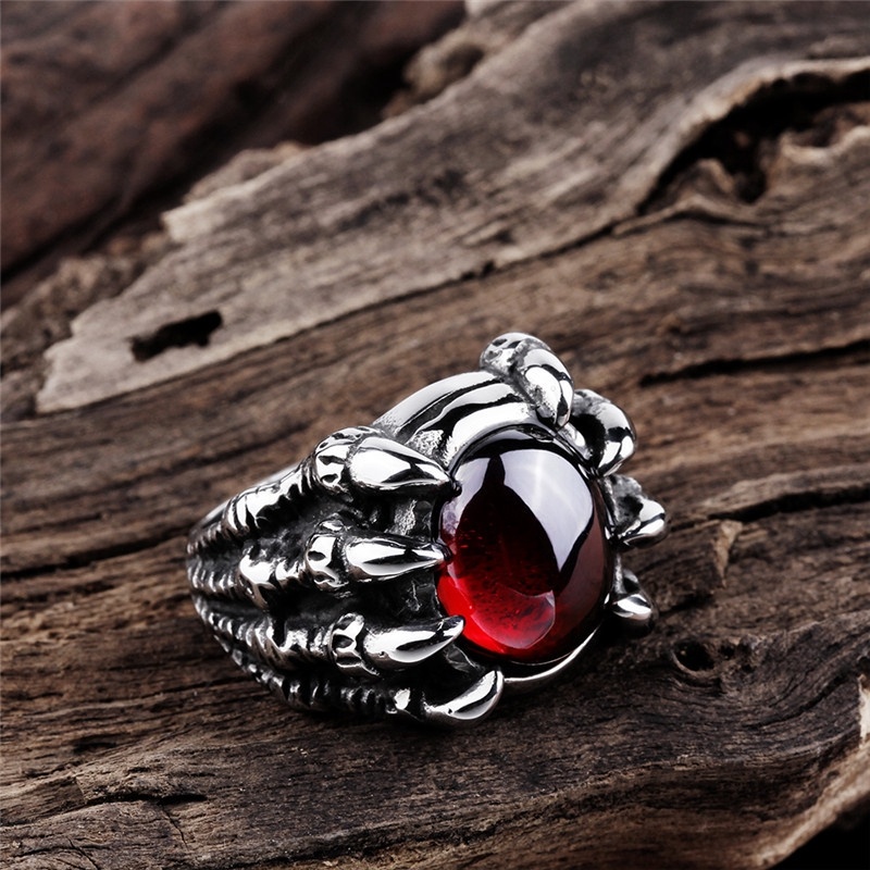 Cincin Ruby Hitam Desain Naga Enam Cakar Gaya Gothic Untuk Pria