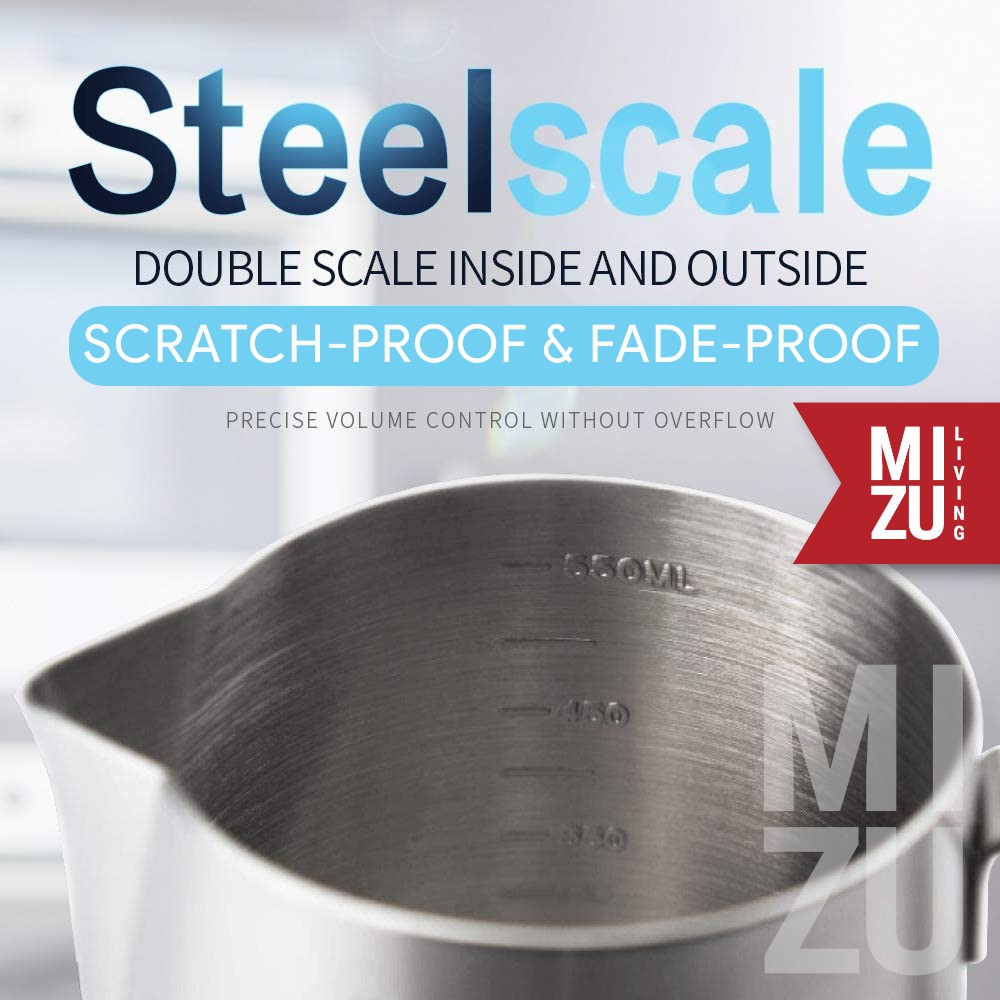 MIZU PICHET 900ml Milk Frothing Jug With STEELSCALE Latte Art Pitcher 304 Stainless Steel
