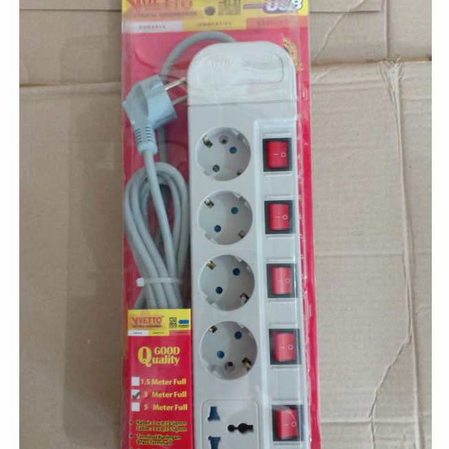 Stop Kontak VETTO Multi Socket 3 Meter dan 1.5 Meter (Varian 3, 4 dan 5 Lubang )