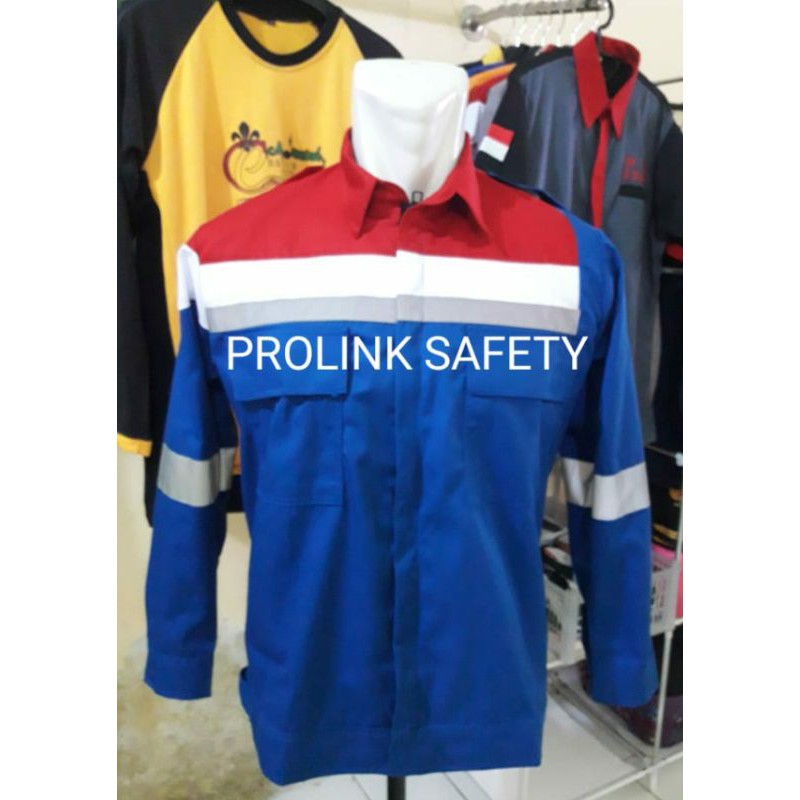 SERAGAM SAFETY BIRU MERAH MODEL PERTAMINA ATASAN RESLETING FREE LOGO K3 BENDERA