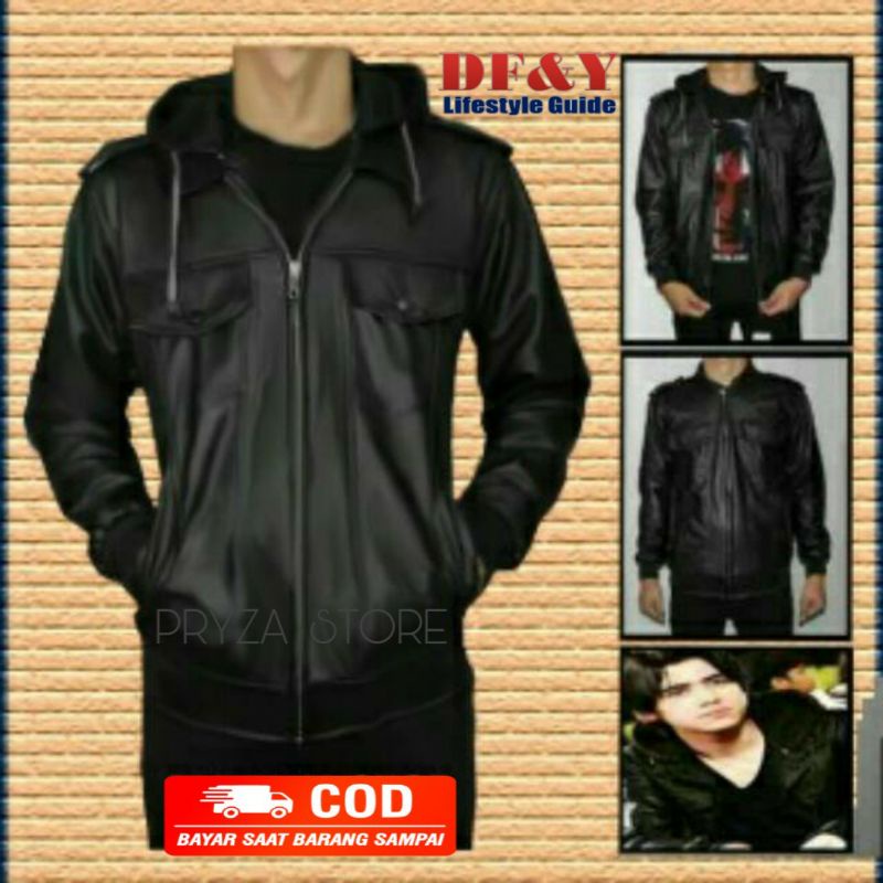 PRYZA Jaket Kulit Pria Hoodie Topi Original DF&Y /Jaket Kulit Cowok Simpel Jaket Kulit Pria Korean S