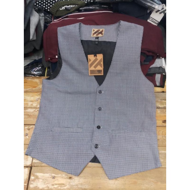 Vest Formal - Rompi Setelan Dalaman Jas Pria/Groomsmen Wedding - Slim Fit M L XL Big Size/Jumbo/XXL-Abu(MotifKotak)