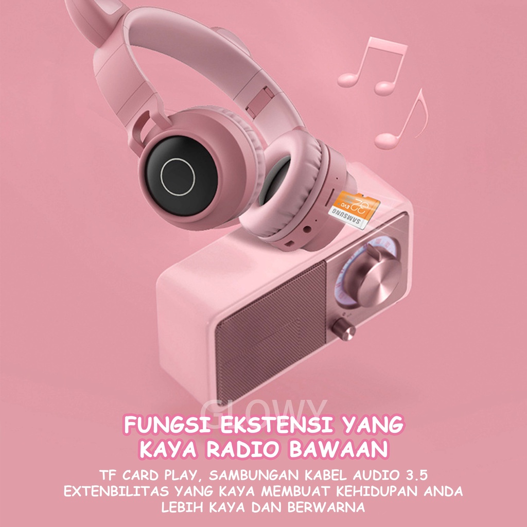 Telinga kucing motif baru headphone bluetooth 5.0 wireless lucu tren headset bluetooth warna pink headphone olahraga headset gaming super lama daya tahan baterai