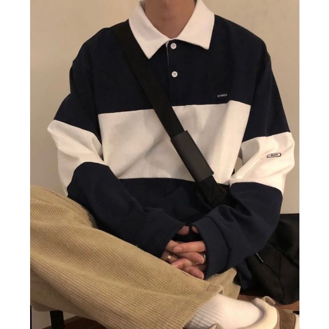 kaos basic rugby shirt kaos polo shirt lengan panjang pria | kaos kasual rugby hitam putih kaos pria