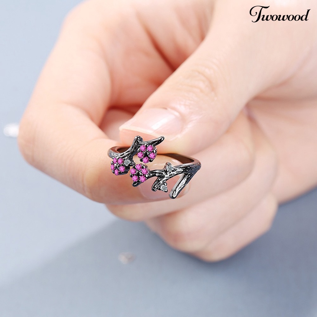 Twowood Adjustable Ring Open End Copper Blooming Plum Flower Rhinestone Ring for Daily Wear