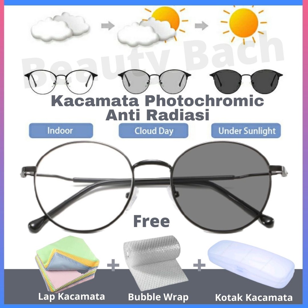 [Termurah] Kacamata Photocromic Bulat Korea / Anti Radiasi Free Box 2 In 1 Potokromik Murah Original Mata Normal