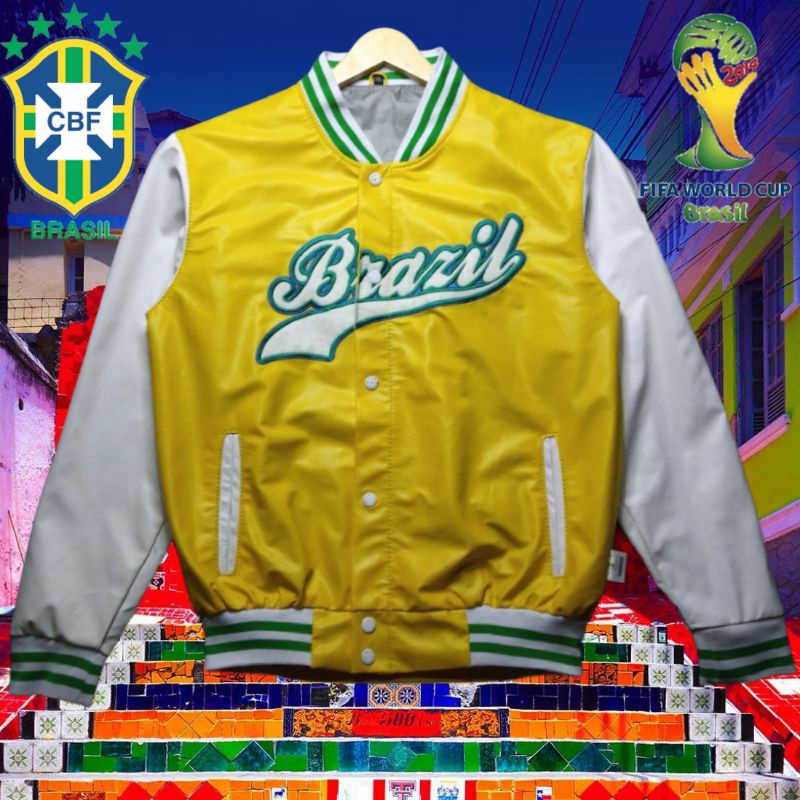 VERA PELLE OFFICIAL LICENSED PRODUCT FIFA WORLD CUP BRAZIL VARSITY LEATHER JACKET ORIGINAL AUTHENTIC