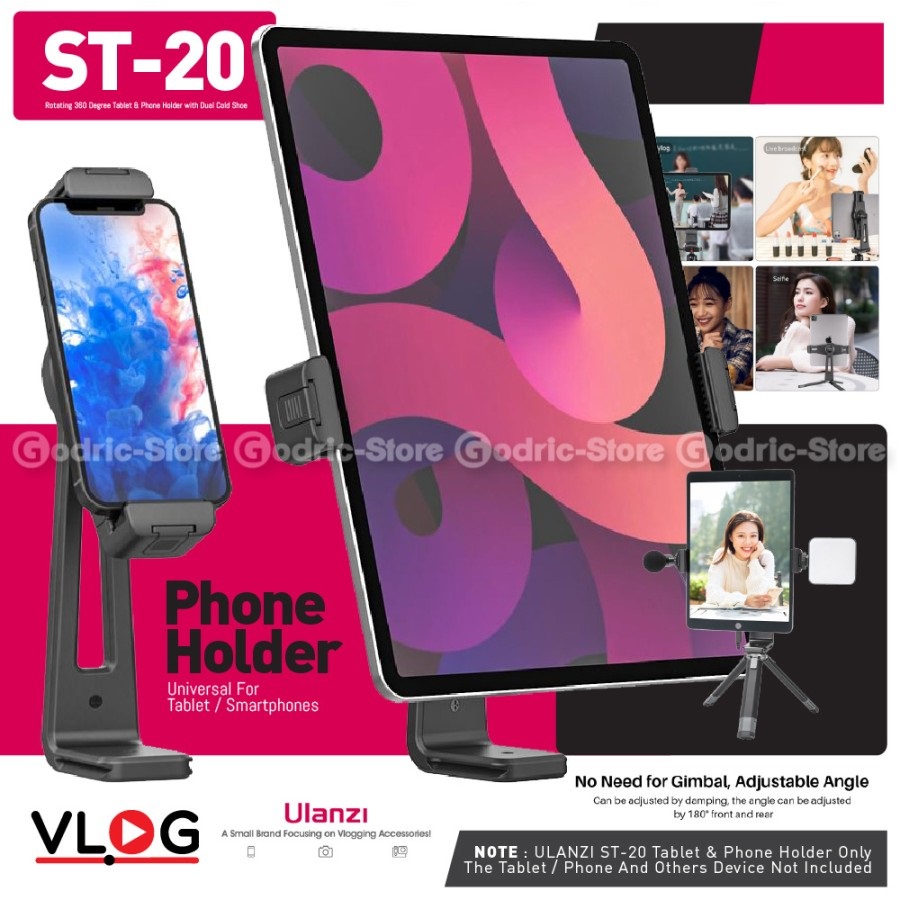 ULANZI ST-20 Clamp Tablet Ipad &amp; Holder HP Rotate 180 with 2 Cold Shoe