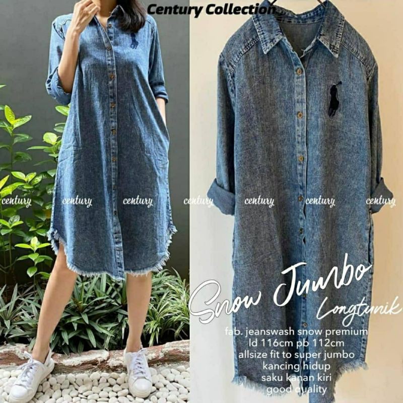 Snow Jumbo Longtunik, TUNIK JEANS WANITA JUMBO CANTIK BAHAN JEANS WASH SNOW IMPORT XL &amp; XXL TERMURAH TERLARIS OOTD