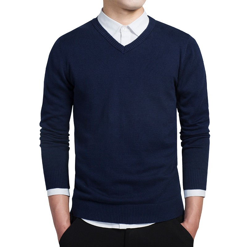 Simple Sweater Cowok Rajut Polos V-Neck Model Navy/ Bahan Premium Tebal