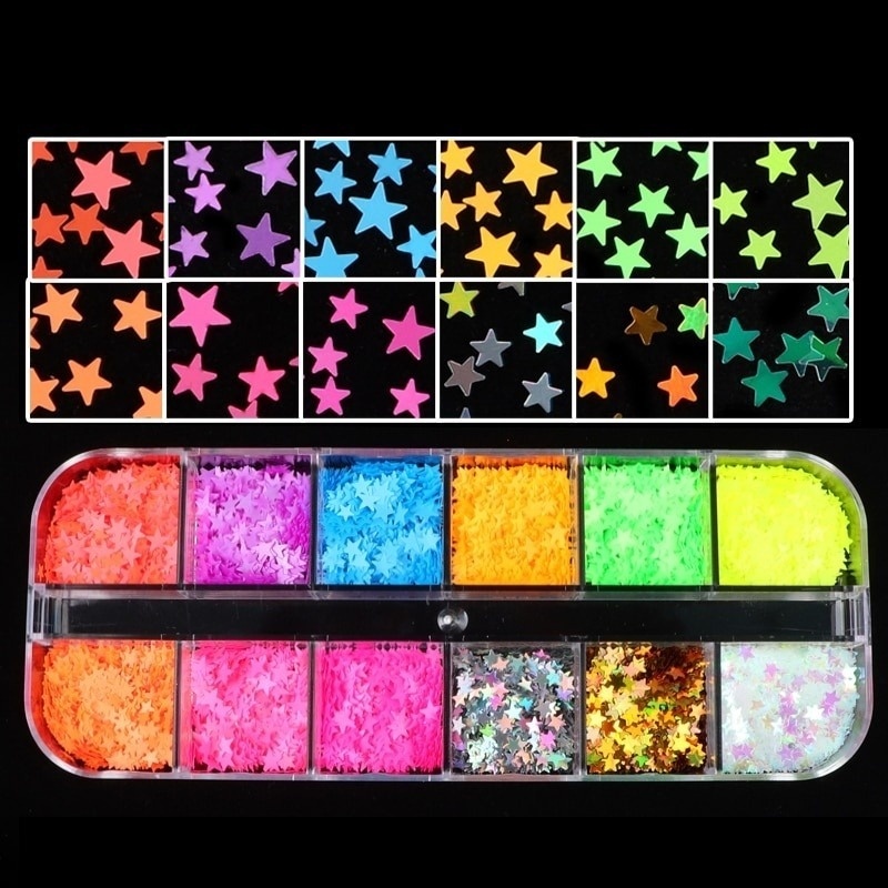 12 Grids Fluorescence Hollow Heart Neon Star Shapes Nail Art Glitter Flakes 3D Colourful Sequins Polish Manicure Nail Decoration