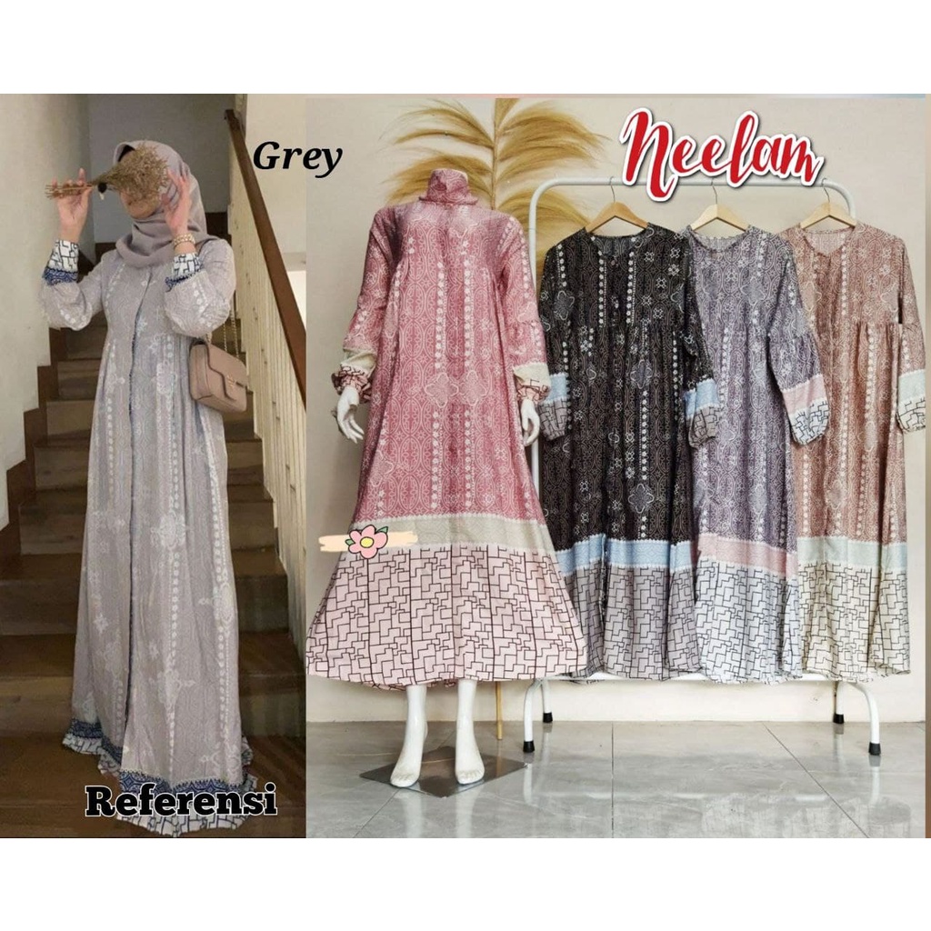 Neelam Dress Wanita Rayon Maxmara Premium Gamis Terbaru Lengan Panjang Baju Muslim Kekinian LD 115 cm