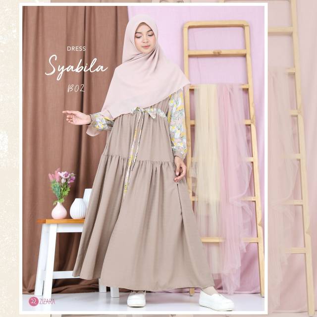 Gamis Syabila Dress Zizara Kode B02 Warna Cokelat Busui Syari Cantik Casual Manis Polos Mix Motif