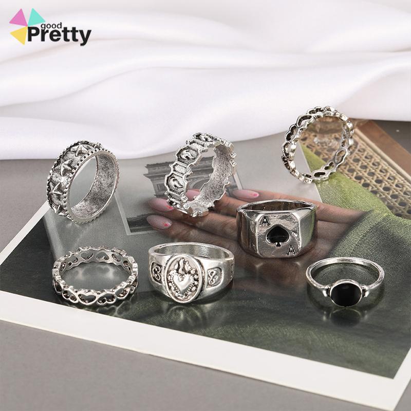 7 Pcs Cincin Jari Bentuk Hati Tidak Teratur Warna-Warni Gaya Punk Retro Untuk Pria - PD