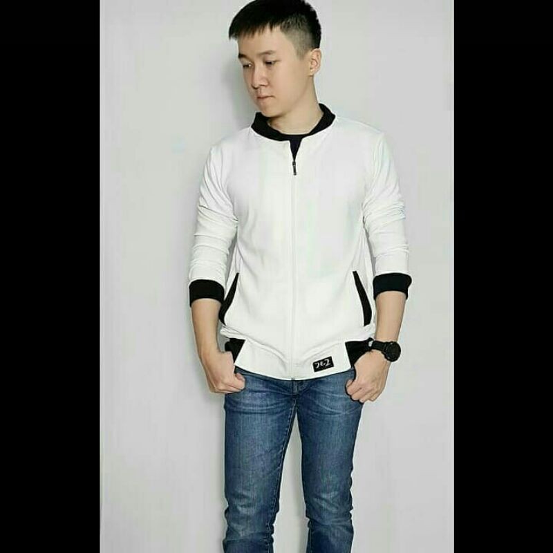 jaket pria white black / jaket sport /jaket olahraga / jaket pria