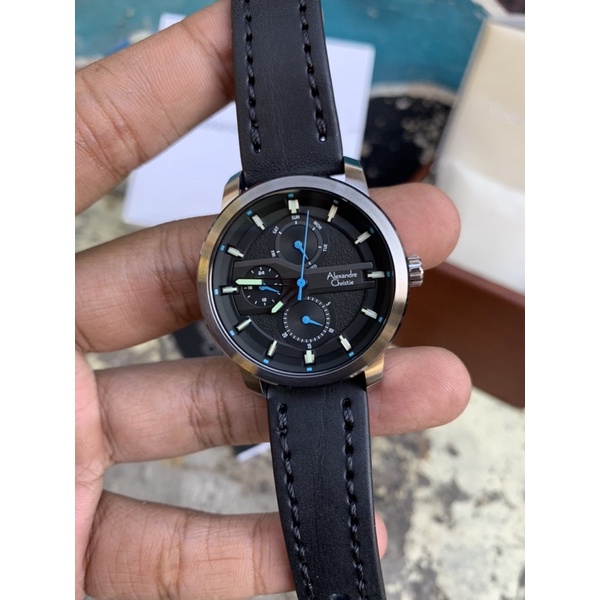 Jam Wanita Alexandre Christie AC 6562 BF Chronograph Silver Black dial Blue Leather Original