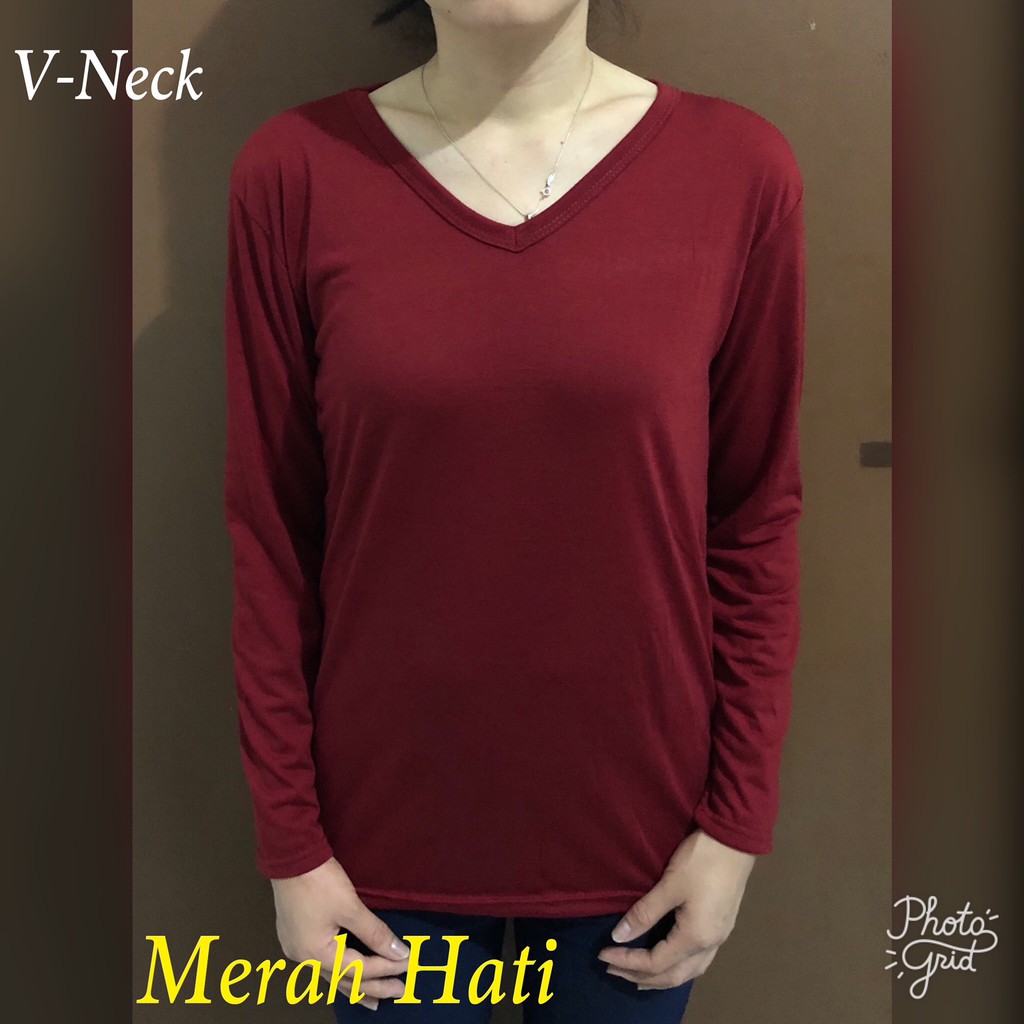 V Neck Lengan Panjang Kaos Oblong Polos Basic Kaos Polos Atasan Pakaian Wanita Murah Part 2