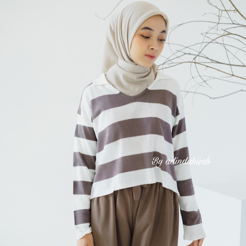 Blouse Crop Top Polo Sweater stripe byadinda rajut fuji Knit Korea