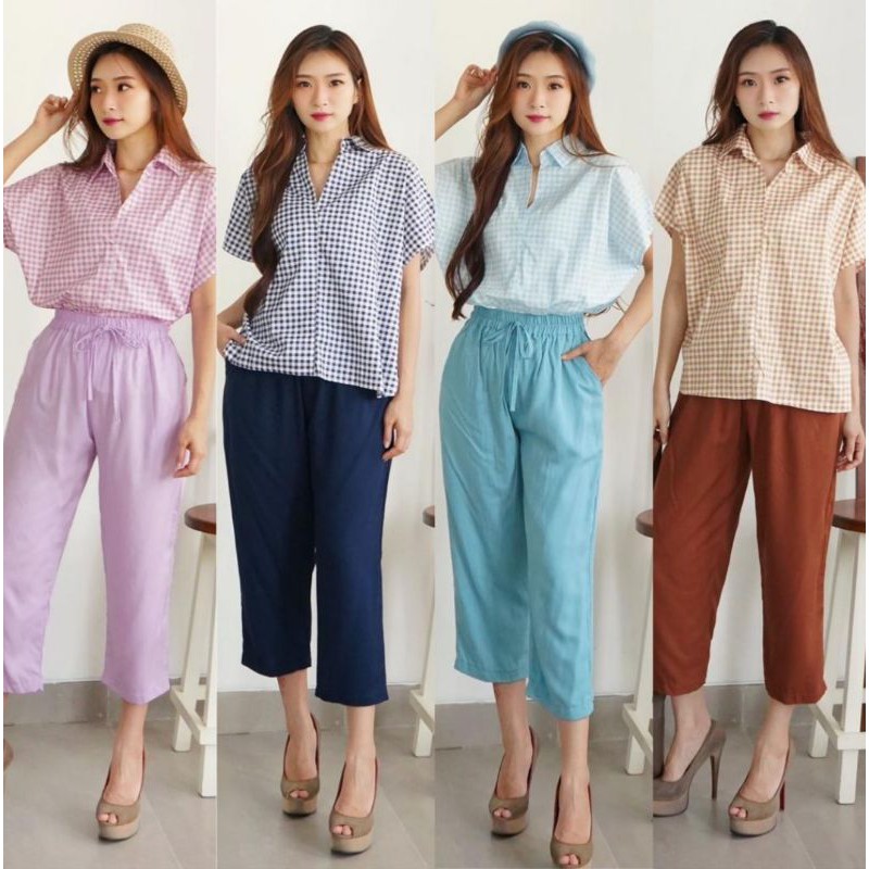 ❣ SPECIAL PRICE ♡ PREMIUM ♡ REAL PIC! JOANNE STRIPEY PLAID 2IN1 COMFY SET BLOUSE + PANTS / SETELAN KEMEJA SALUR &amp; CELANA POLOS SELUTUT