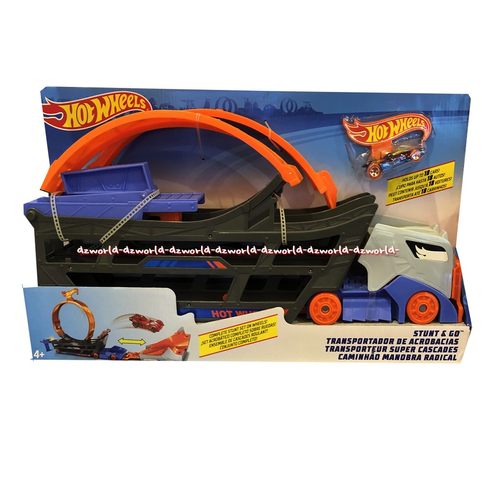 Hot Wheels Stunt &amp; Go Transportador De Acrobacias Mainan Mobil Hotwheels Truk dengan Seluncuran