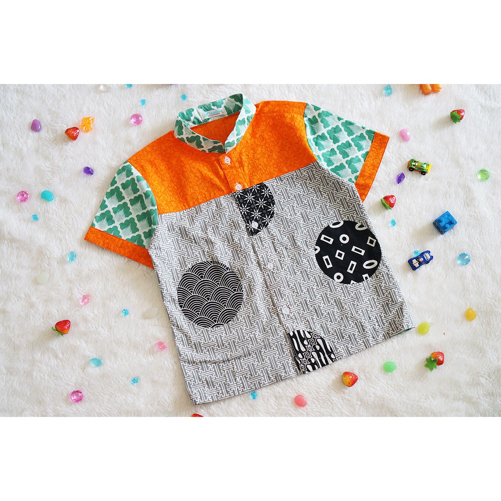 ~Cutevina~ fashion kemeja batik anak cowok corak hitam orange 4-12th FC18043
