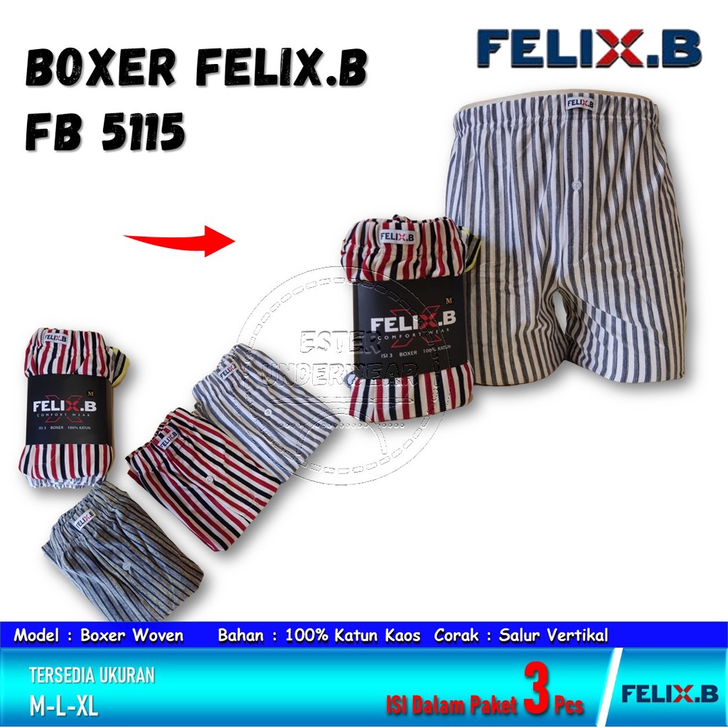 Felix.B Celana Boxer Pria FB 5115 ISI 3Pcs Motif Salur