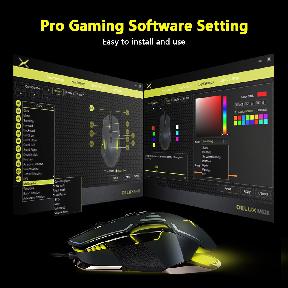 Delux M628 PMW3389 Mouse Gaming Optical Kabel Usb 16000 DPI 9 Tombol 50G RGB Dengan Berat Berat Adjustable