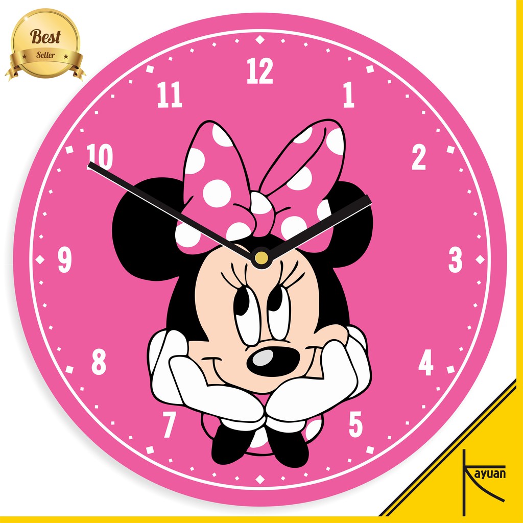 Jam Dinding Kayu Mickey Mouse Pink Polkadot Pajangan Kamar Tidur Anak Minnie Mouse Lucu Ctn011