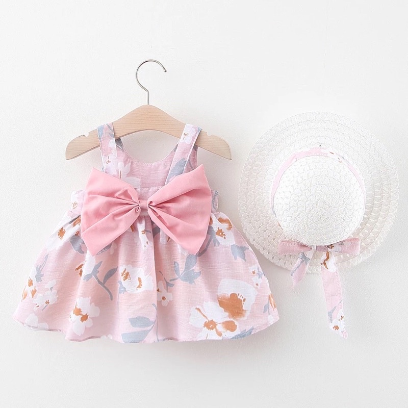 Set Dress Anak Perempuan Bahan Katun Import Premium Quality Free Topi Dress Anak Perempuan Pink Rok Terusan Anak Cewe Murah Dress Anak Santai dengan Topi