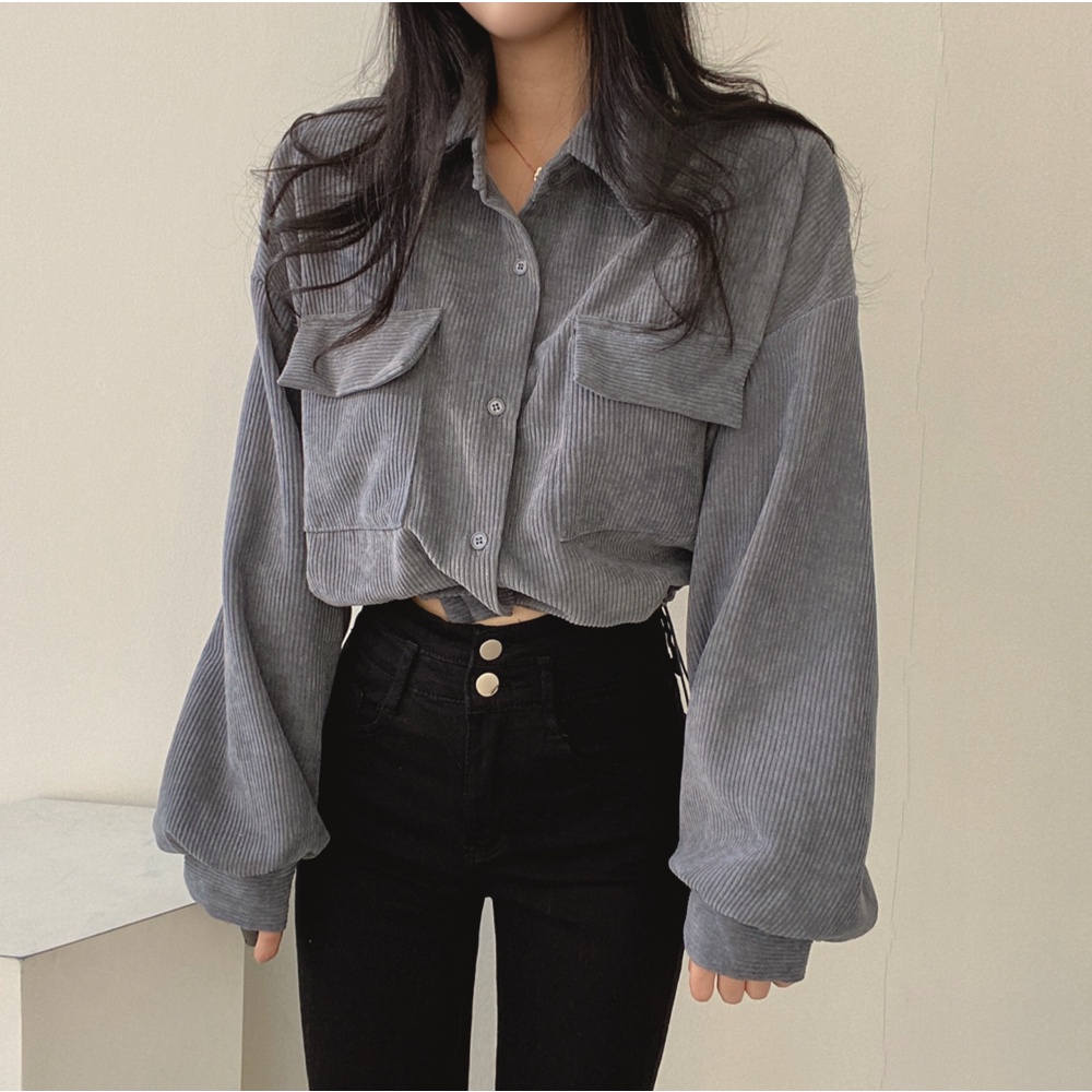 XIAOZHAINV Jaket Corduroy Wanita Korean Style Crop Top Lengan Panjang