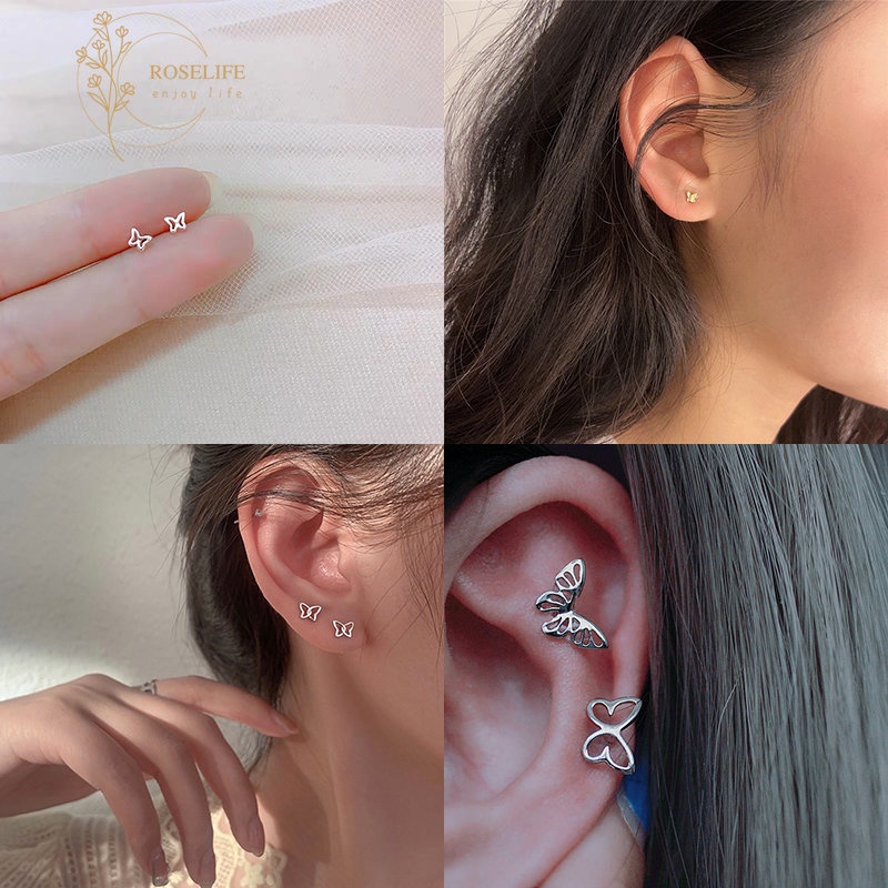 1 Pasang Anting Bentuk Kupu-Kupu Mini Bahan S925 Silver Gaya Korea Untuk Wanita