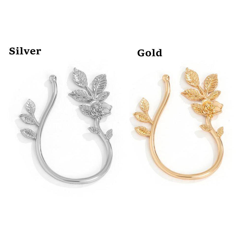 Solighter Manset Telinga Daun Bunga Untuk Wanita Pria Warna Emas Gaya Vintage Cartilage Ear Stud