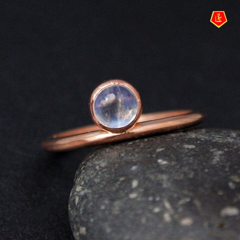 [Ready Stock]Creative round Moonstone Geometric Triangle Ring 14K Gold Personality