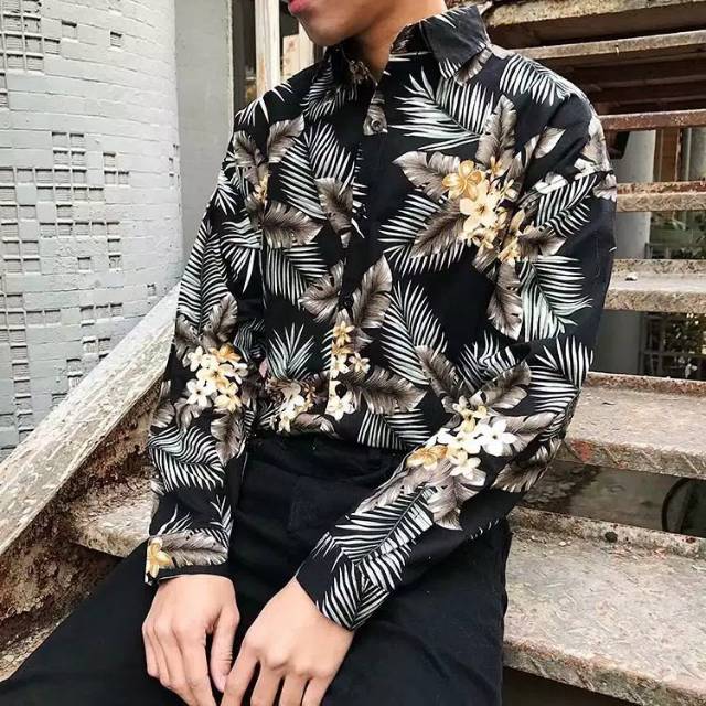 Spot Kemeja Pantai Hawaii Lengan Panjang Motif Print untuk Pria