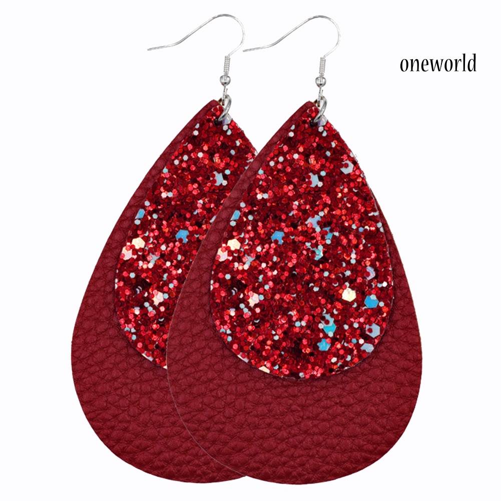 OW@ Glitter Sequins Teardrop Faux Leather Drop Dangle Statement Women Hook Earrings