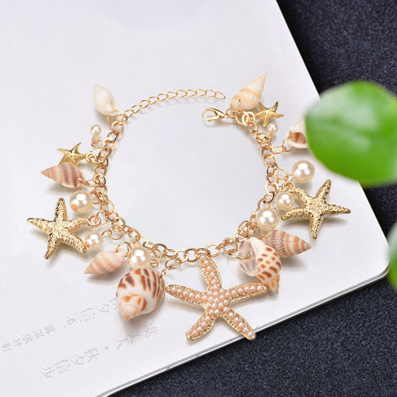 Ocean Style Multi Starfish Sea Star Conch Shell Pearl Chain Beach Bracelet Bangle