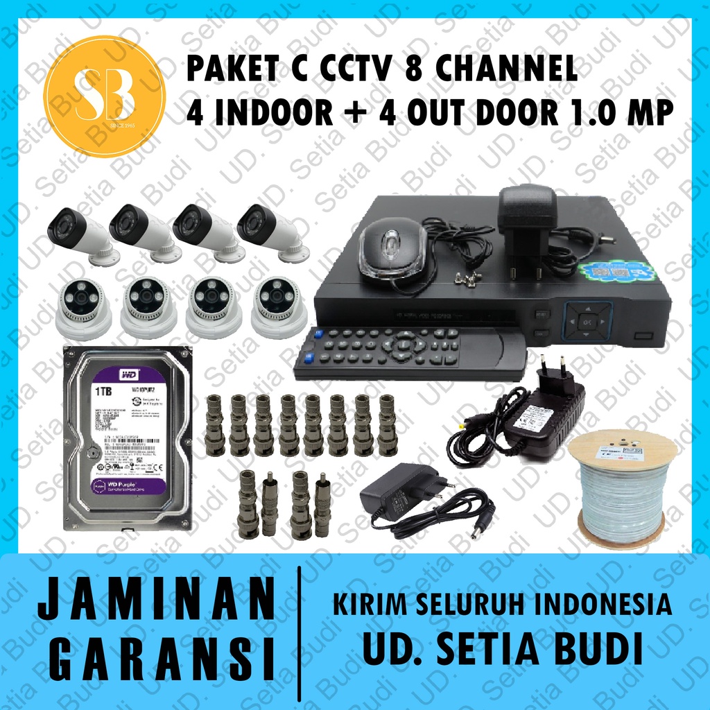 Paket C CCTV 8 Channel: 4 Indoor + 4 out door 1.0 MP