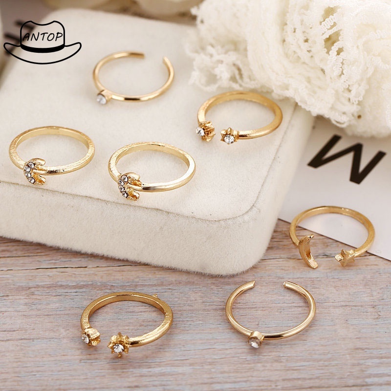 BUTTERFLY Set Perhiasan Cincin Bentuk Kupu-Kupu Bintang Bulan Warna Emas Gaya Retro Bohemian Untuk Wanita ANTOP