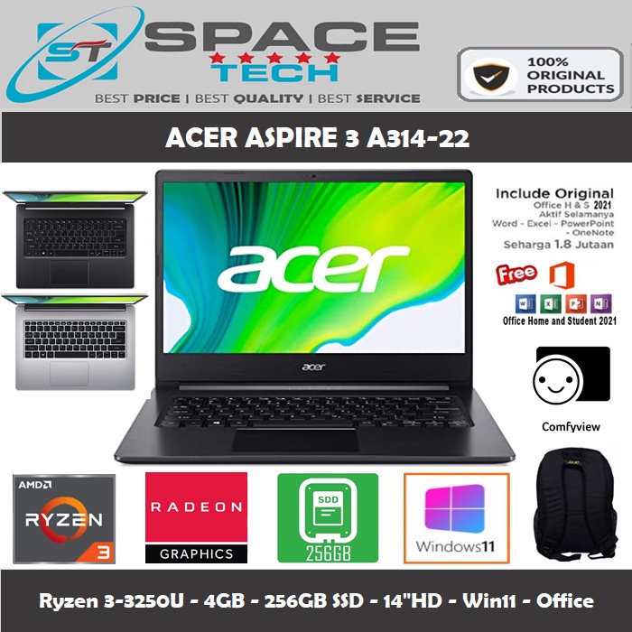 {MahesStore} LAPTOP ACER ASPIRE 3 SLIM A314-22 RYZEN 3-3250U 4GB 256GB 14FHD WIN10 - R1GA-1TB HDD 4GB RAM Berkualitas