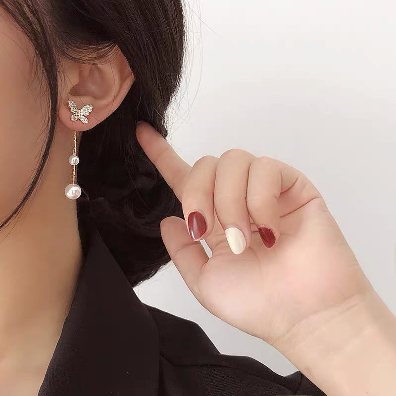 Anting titanium Tusuk Model Kupu-Kupu Dengan Mutiara Gaya Korea Untuk Wanita emas