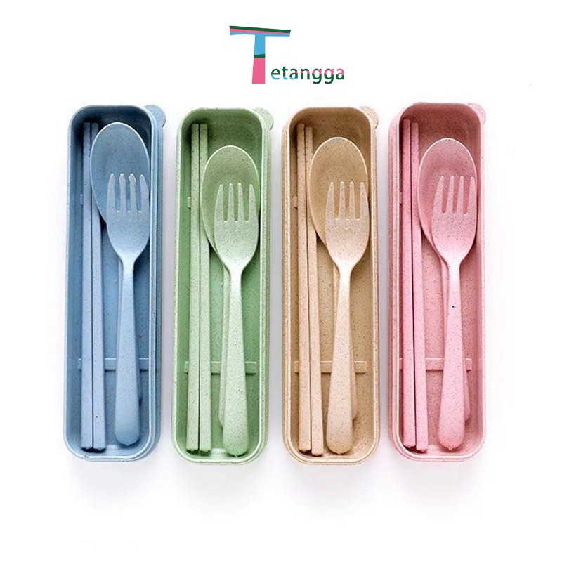 4 pcs Wheat straw Travel Cutlery Set Portabel Alat Makan Sendok Garpu Sumpit Chopsticks Dengan Kotak