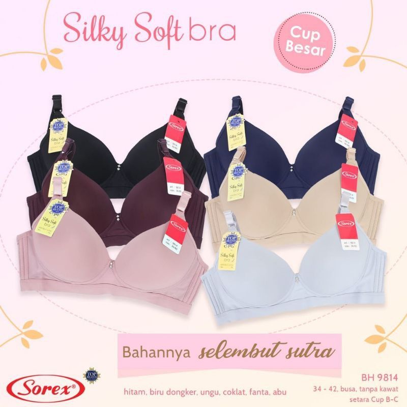 BRA SOREX 9814 SILKY SOFT CUP B-C KAIT 3 BRA BUSA TANPA KAWAT SIZE 34- 42