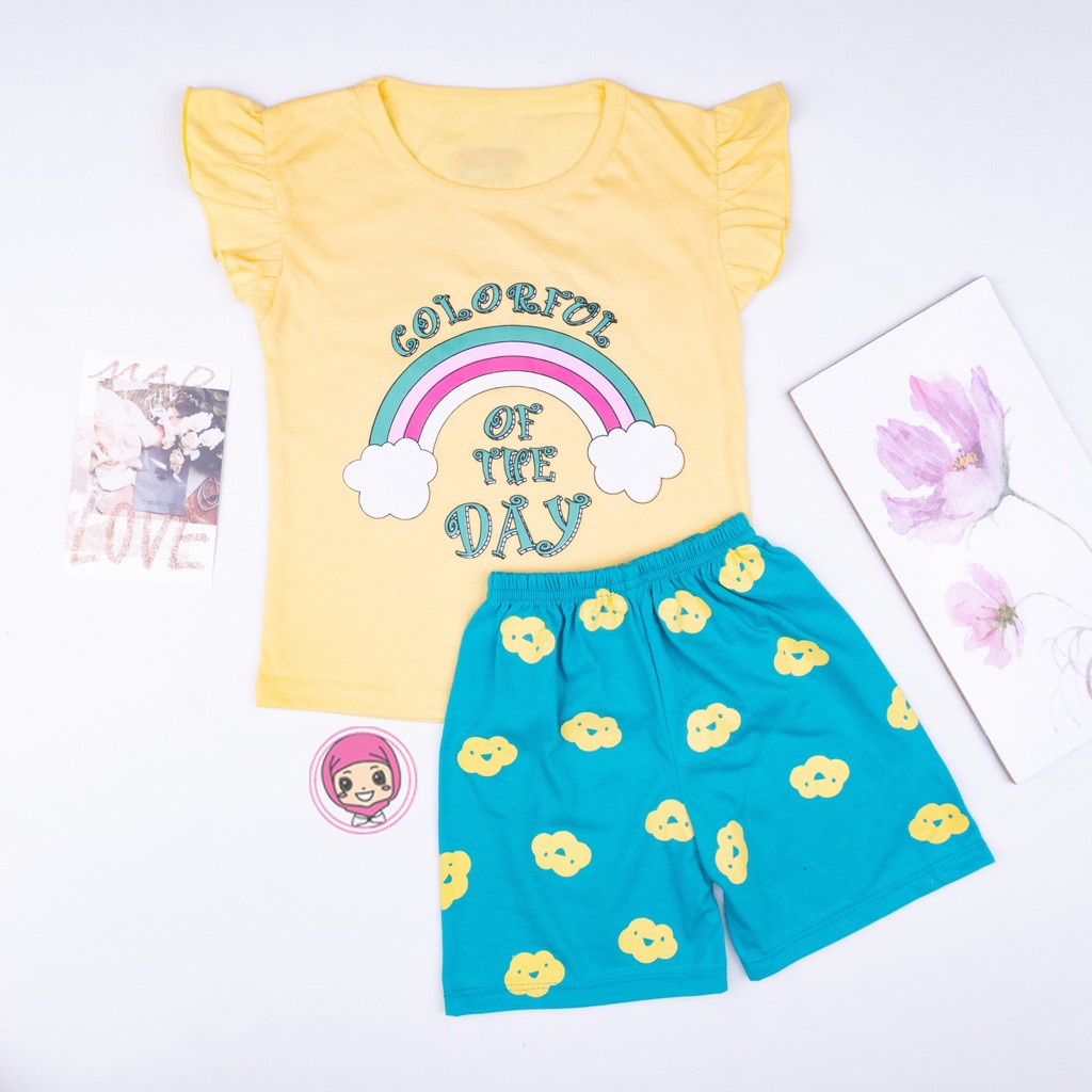 Terbaru SETELAN ANAK RUFFLE / SET BAJU ANAK CEWEK WISH / CALOUR FULL / WONDERFULL-COLORFULL KUNING