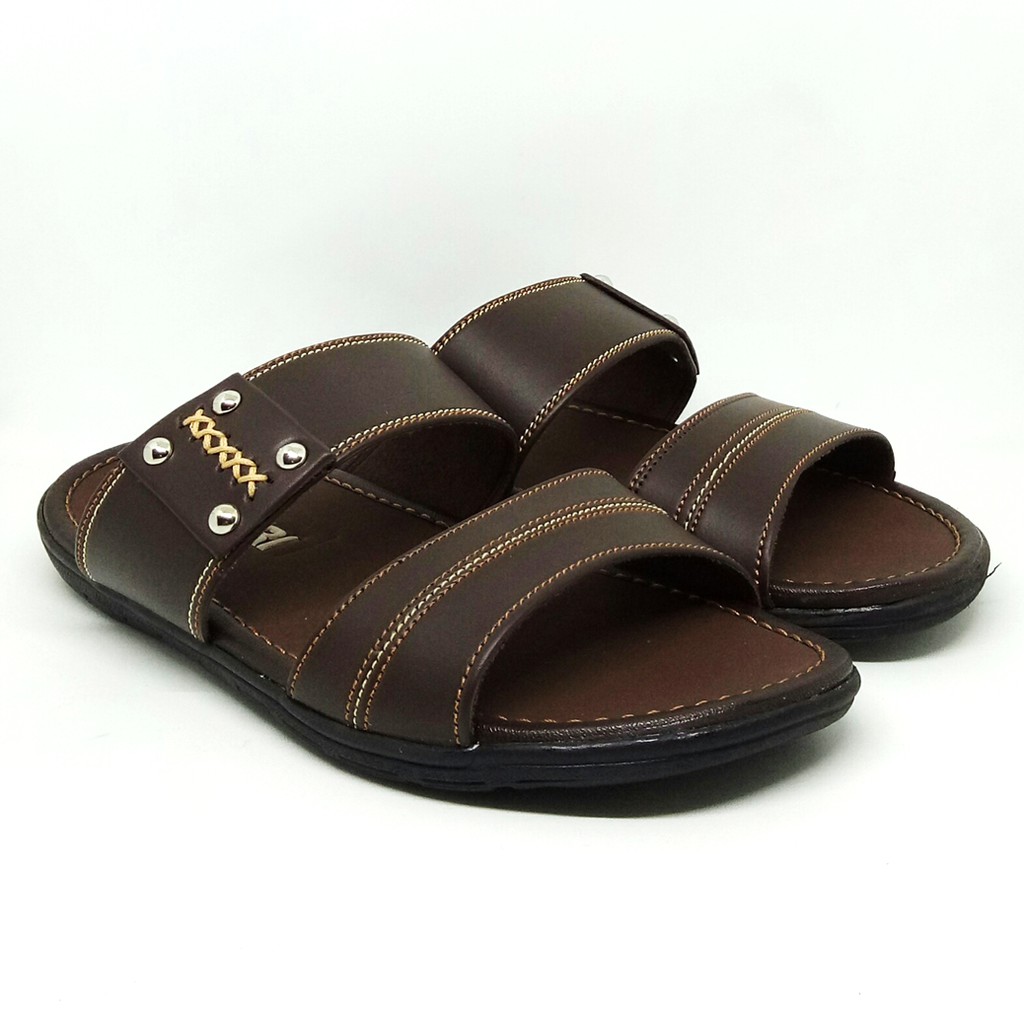 FIURI - Sandal Double Slip On Coklat - Sandal Casual Pria Kulit