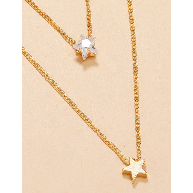 LRC Kalung Fashion Golden Double Five-pointed Star Rhinestone Pendant V04030
