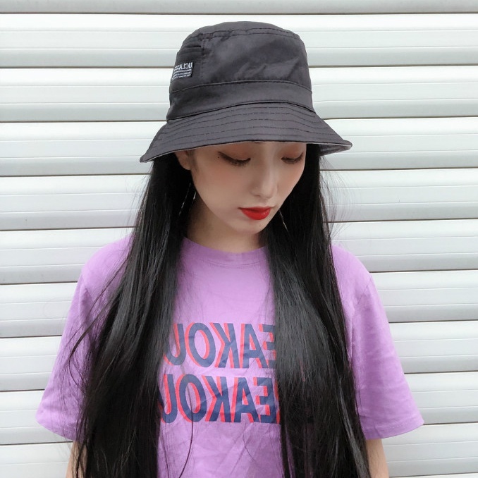 Wig Topi Bucket Long Straight Hair Korean Version Wig Topi Rambut Palsu Wanita / Wig Topi Bucket Hat / Wig Topi Bundar