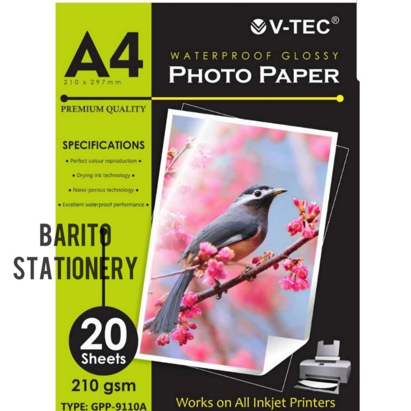 [1Pack=20Lembar] GLOSSY PAPER VTEC 210gsm isi 20lembar-KERTAS FOTO VTEC